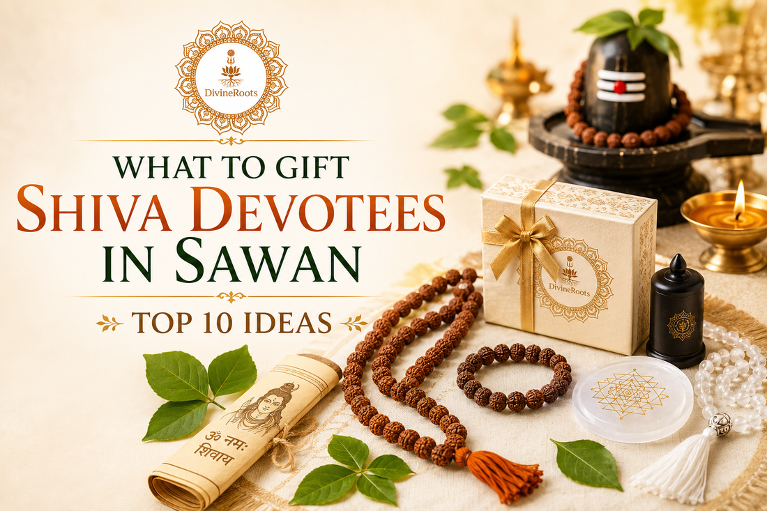 DivineRoots infographic showing Sawan gift ideas for Shiva devotees with Rudraksha Mala, Rudraksha bracelet, Sphatik Mala, Sri Yantra Selenite Plate, Shivling, Bel Patra, diya and spiritual gift box
