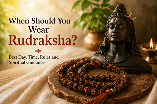 Rudraksha mala with Lord Shiva statue and diya in a peaceful altar setting explaining the best day and time to wear Rudraksha