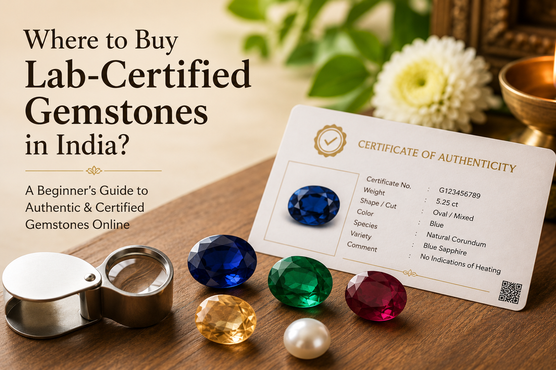 Lab-certified gemstone display with certification card, natural gemstones and spiritual aesthetic setup representing authentic gemstone buying in India