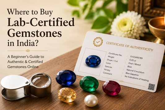 Lab-certified gemstone display with certification card, natural gemstones and spiritual aesthetic setup representing authentic gemstone buying in India