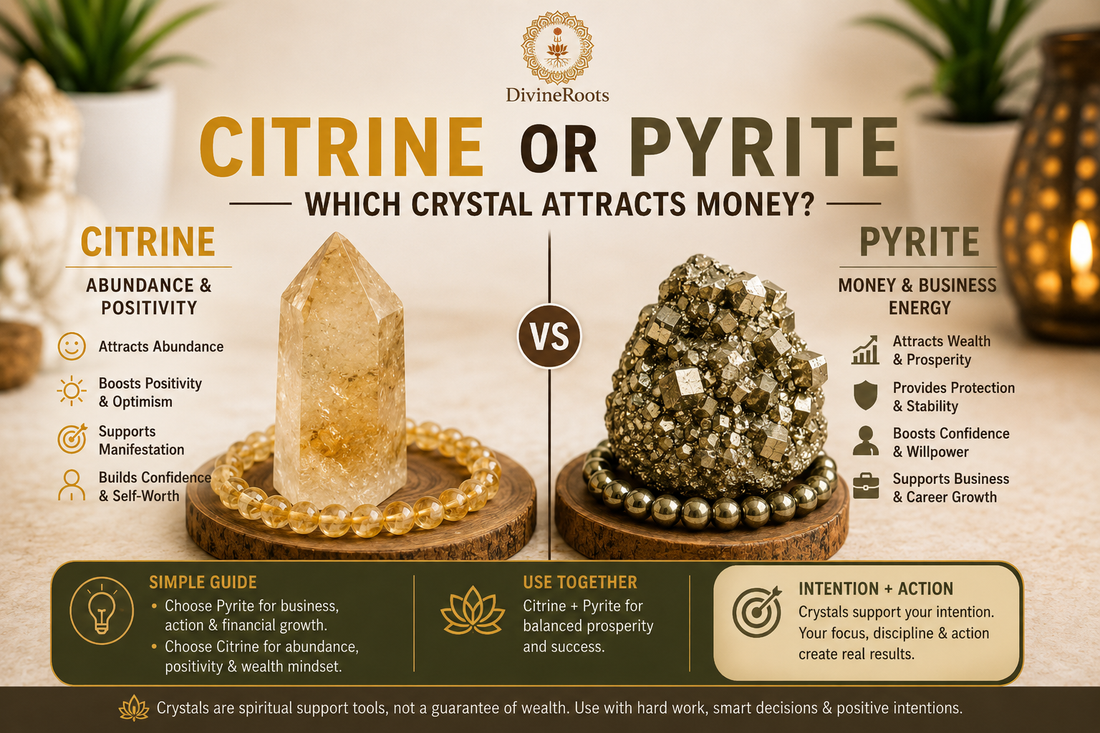 Citrine crystal and Pyrite crystal shown side by side with bracelets, comparing money attraction, abundance, business growth, confidence and prosperity energy