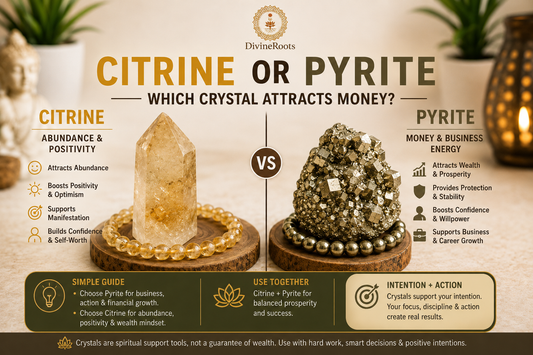 Citrine crystal and Pyrite crystal shown side by side with bracelets, comparing money attraction, abundance, business growth, confidence and prosperity energy