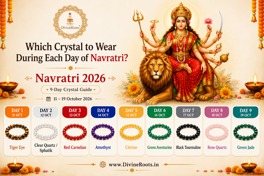 DivineRoots Navratri 2026 blog hero image showing Maa Durga with a 9-day crystal guide featuring Tiger Eye, Clear Quartz, Red Carnelian, Amethyst, Citrine, Green Aventurine, Black Tourmaline, Rose Quartz and Green Jade bracelets.