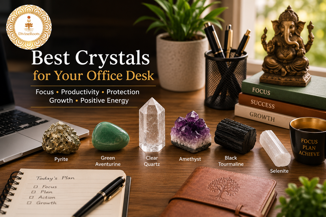 Green Aventurine, Pyrite, Clear Quartz, Black Tourmaline, Amethyst and Selenite crystals placed on an office desk for focus, money, protection, calmness, clarity and positive workplace energy