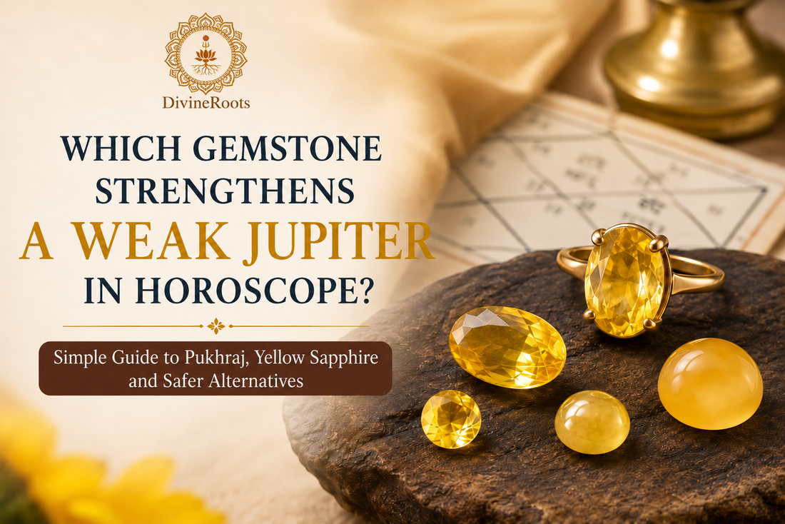 Yellow Sapphire Pukhraj, Citrine, Yellow Topaz and yellow gemstones placed with a horoscope chart, representing gemstone guidance for strengthening weak Jupiter in Vedic astrology
