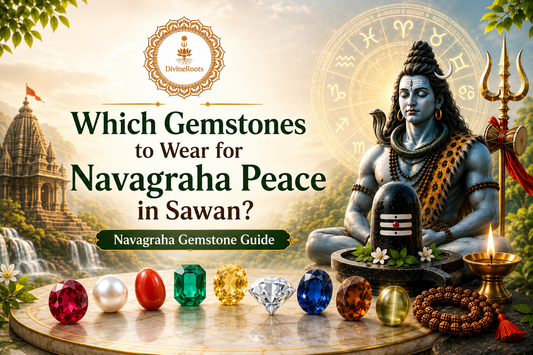 DivineRoots infographic showing gemstones for Navagraha peace in Sawan with Lord Shiva, Shivling, Navagraha zodiac wheel, Ruby, Pearl, Red Coral, Emerald, Yellow Sapphire, Diamond, Blue Sapphire, Gomed, Cat’s Eye, Rudraksha Mala and diya