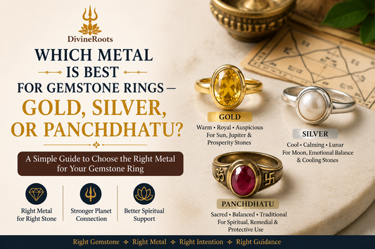 Gold, silver and panchdhatu gemstone rings placed with a horoscope chart, explaining the best metal for gemstone rings based on planet, purpose, tradition and spiritual guidance