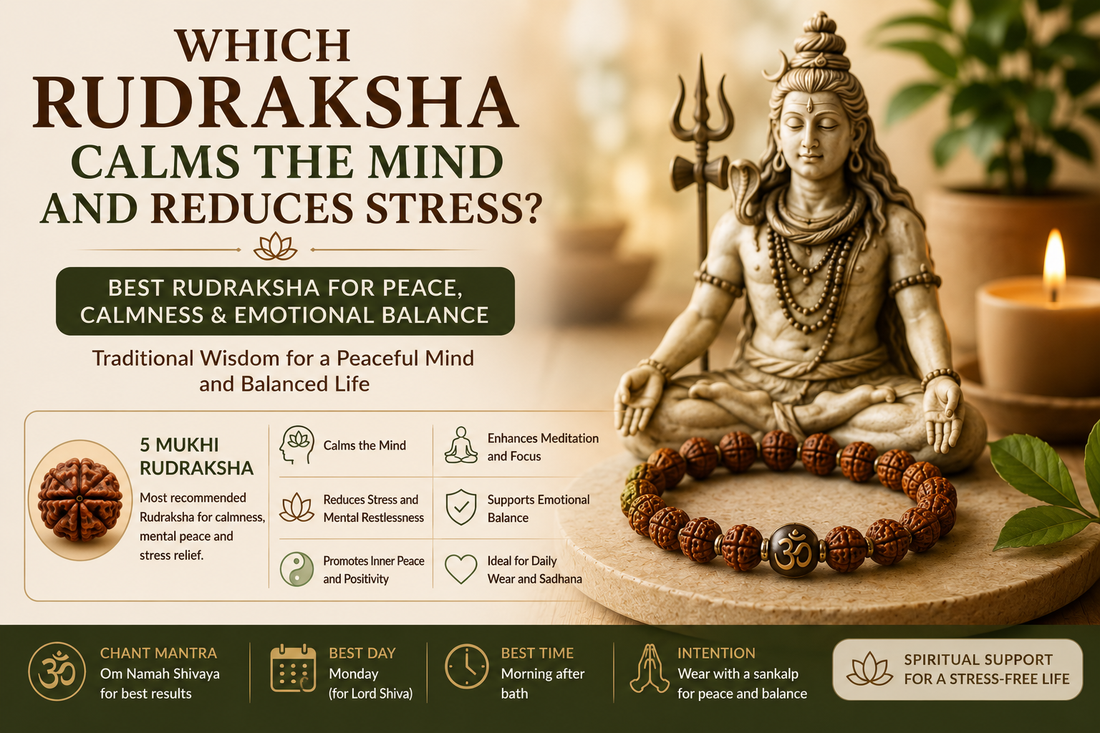 5 Mukhi Rudraksha bracelet with Lord Shiva statue and diya in a peaceful meditation setting representing calm mind, stress relief and emotional balance