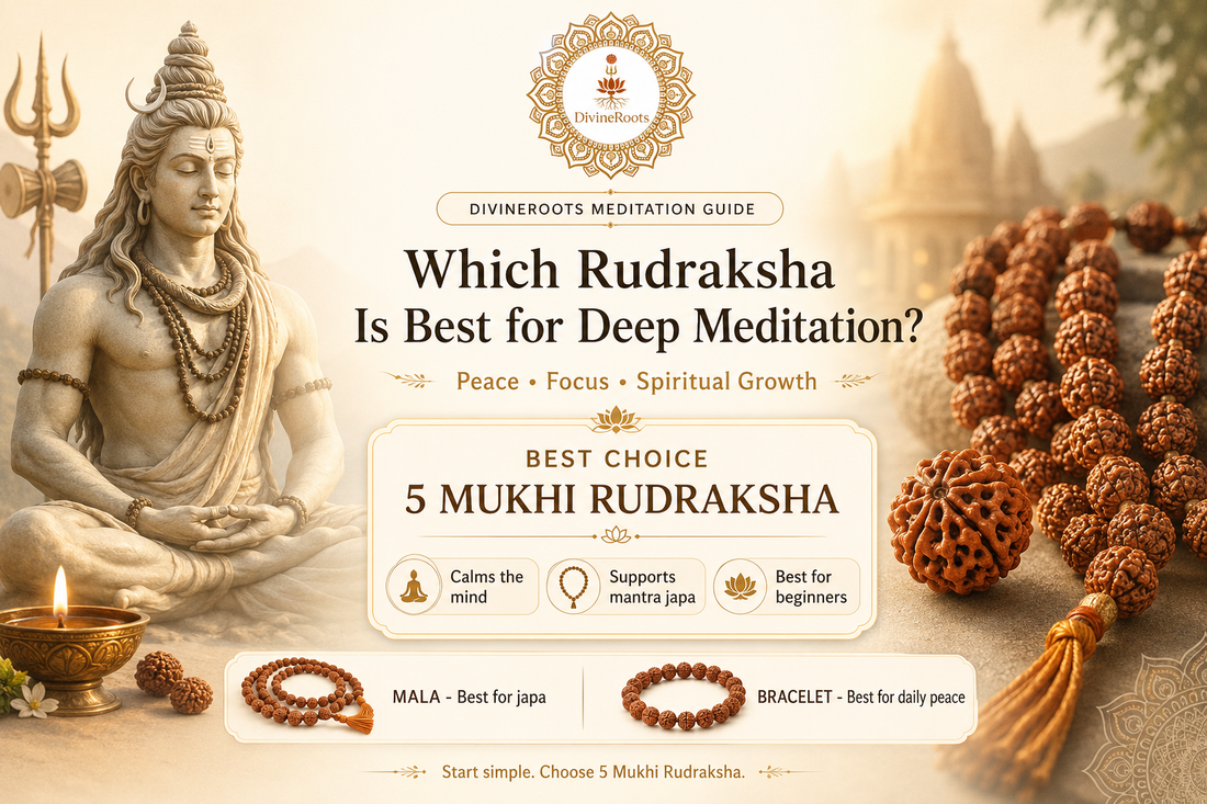 Lord Shiva in meditation with 5 Mukhi Rudraksha mala and bracelet showing the best Rudraksha for deep meditation, peace, focus, mantra japa and spiritual growth