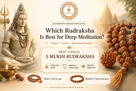 Lord Shiva in meditation with 5 Mukhi Rudraksha mala and bracelet showing the best Rudraksha for deep meditation, peace, focus, mantra japa and spiritual growth