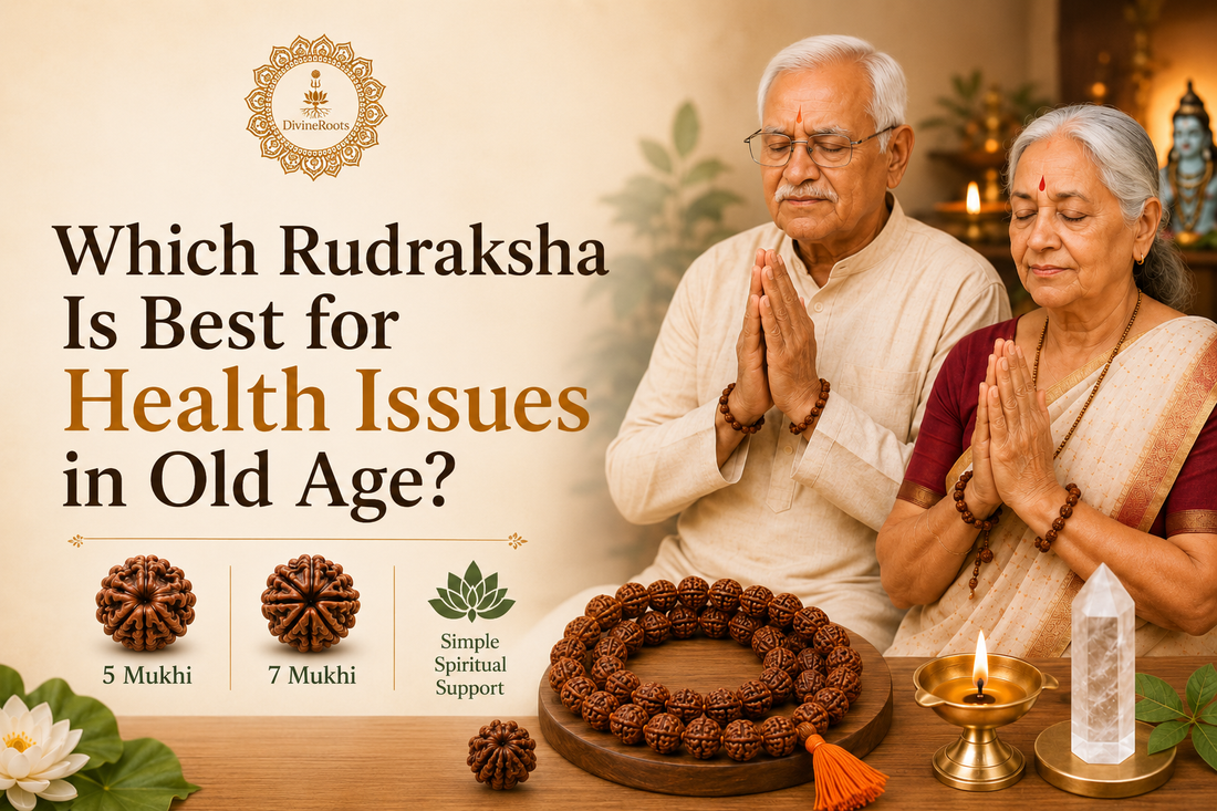 Elderly couple praying with 5 Mukhi Rudraksha, 7 Mukhi Rudraksha, Rudraksha Mala, diya, Selenite Plate, Amethyst and DivineRoots branding for old age health support and peace