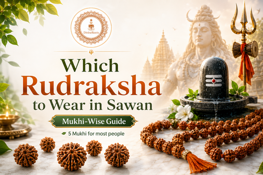 DivineRoots infographic showing Rudraksha beads, Rudraksha Mala, Shivling and Lord Shiva theme, explaining which Rudraksha to wear in Sawan with a Mukhi-wise guide and 5 Mukhi Rudraksha recommendation for most devotees