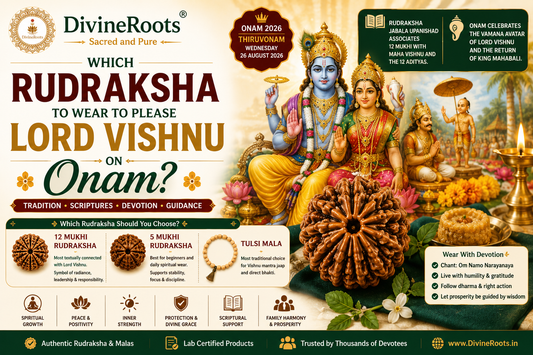 DivineRoots Onam 2026 blog hero image showing Lord Vishnu with 12 Mukhi Rudraksha, 5 Mukhi Rudraksha and Tulsi Mala, representing traditional guidance for Vishnu bhakti during Thiruvonam.