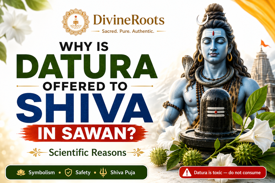 DivineRoots infographic showing Lord Shiva, Shivling, Datura flowers and Datura fruit, explaining why Datura is offered to Shiva in Sawan with spiritual symbolism, scientific reasons and safety warning that Datura is toxic and should not be consumed