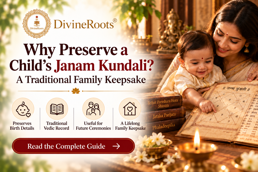 DivineRoots blog hero image showing a mother and child with a traditional handwritten Janam Kundali, diya and Vedic astrology books, representing the value of preserving a child’s birth chart as a lifelong family keepsake.