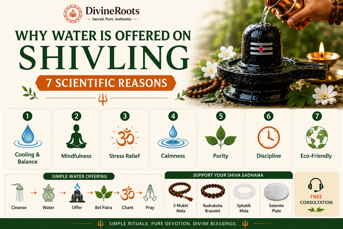 DivineRoots infographic showing water being offered on Shivling with Rudraksha Mala, explaining 7 scientific and practical reasons including cooling balance, mindfulness, stress relief, calmness, purity, discipline and eco-friendly offering