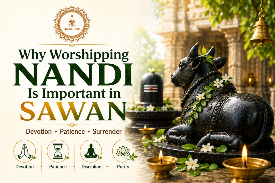 DivineRoots infographic showing Nandi in a Shiva temple during Sawan with Shivling, diya, flowers and temple background, explaining why worshipping Nandi is important for devotion, patience, discipline and surrender