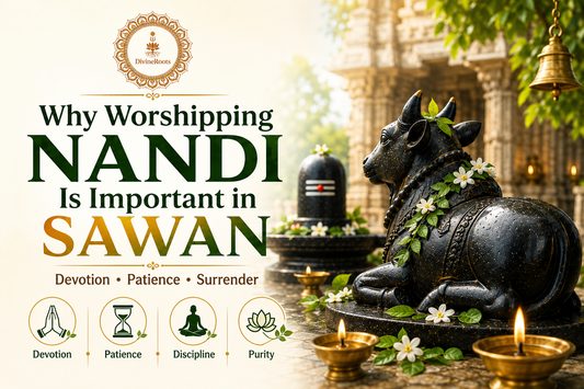 DivineRoots infographic showing Nandi in a Shiva temple during Sawan with Shivling, diya, flowers and temple background, explaining why worshipping Nandi is important for devotion, patience, discipline and surrender