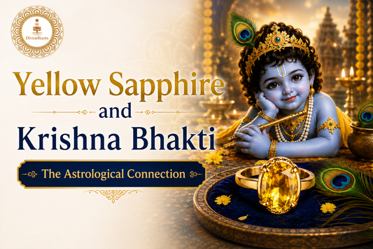 DivineRoots blog hero image showing Lord Krishna with a Yellow Sapphire gemstone ring, peacock feather and devotional temple setting, representing the symbolic and astrological connection between Pukhraj, Jupiter and Krishna bhakti.