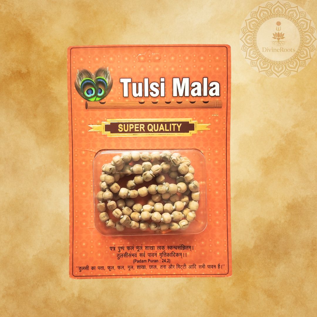 Tulsi Mala packaging with a brown background