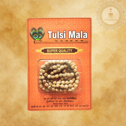 Tulsi Mala packaging with a brown background