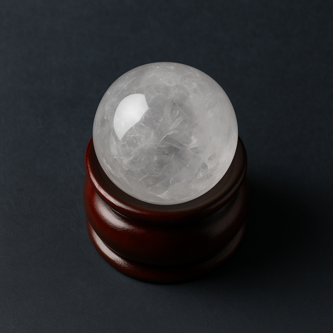 Clear Quartz (Sphatik) Crystal Ball with Premium Wooden Stand | Premium Grade | For Clarity, Meditation & Vastu