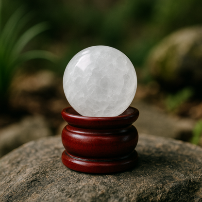 Clear Quartz (Sphatik) Crystal Ball with Premium Wooden Stand | Premium Grade | For Clarity, Meditation & Vastu