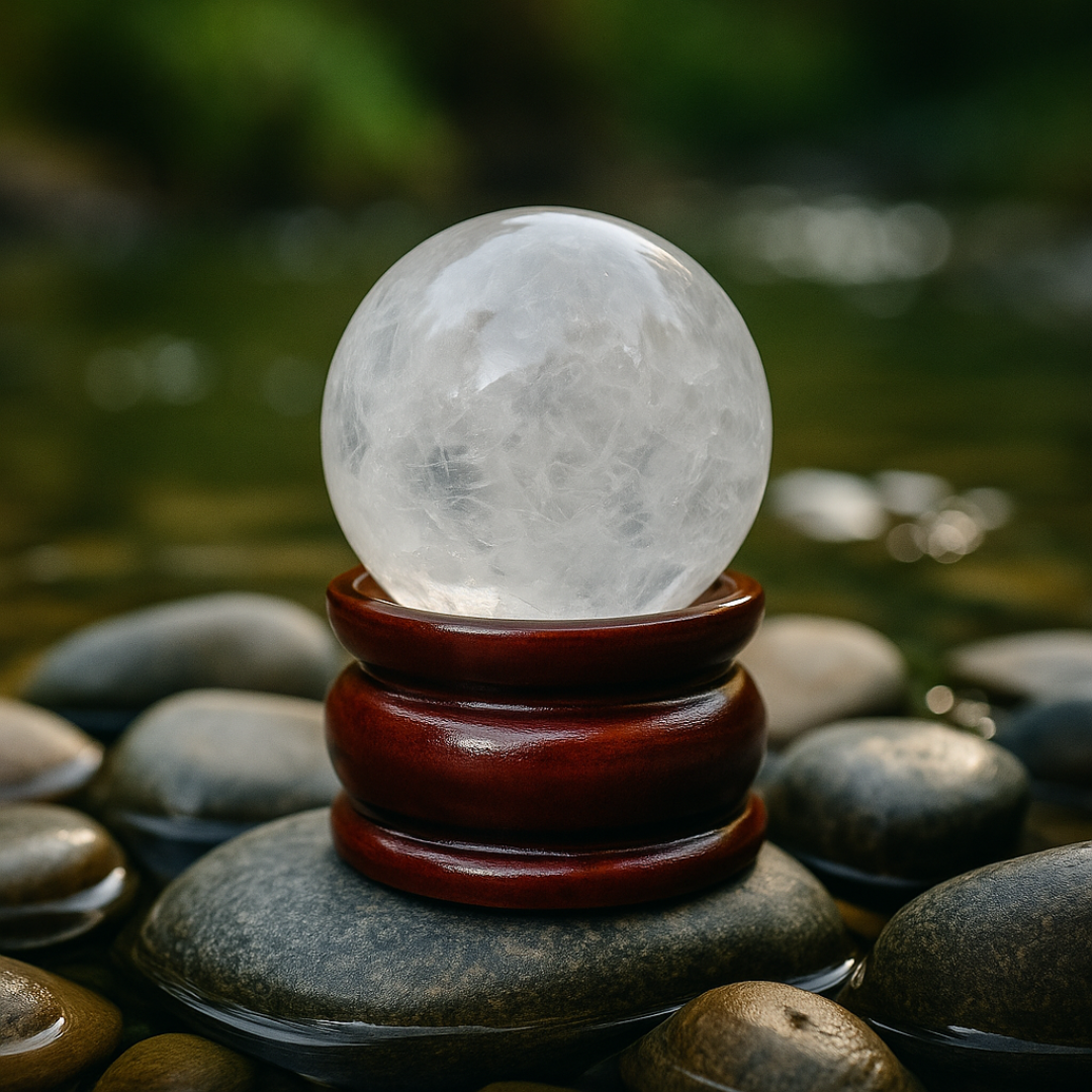 Clear Quartz (Sphatik) Crystal Ball with Premium Wooden Stand | Premium Grade | For Clarity, Meditation & Vastu