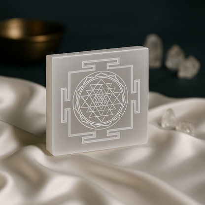 Sri Yantra Engraved Natural Selenite Plate | Round & Square | Premium Grade | For Crystal Cleansing, Meditation & Pooja