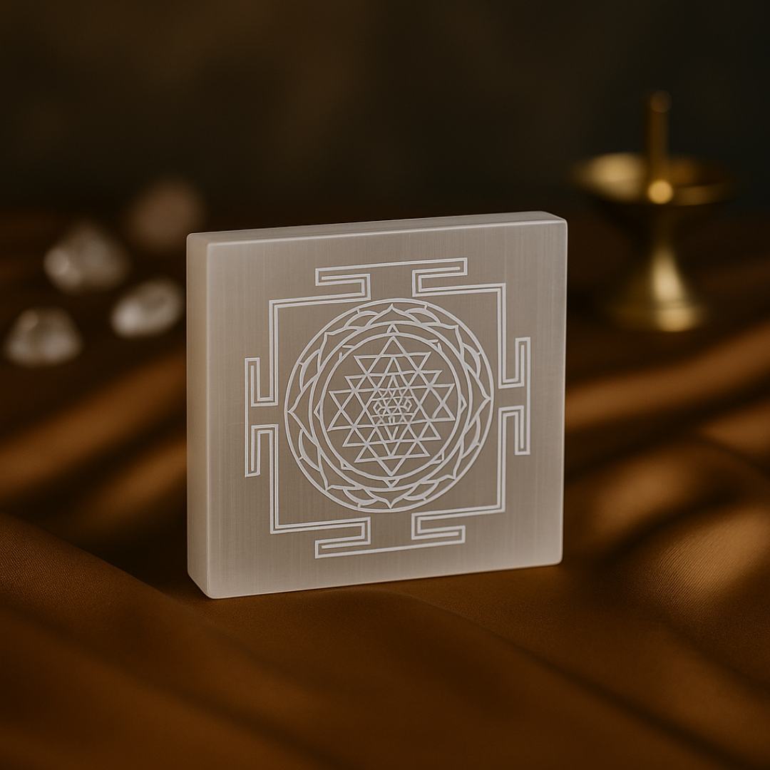 Sri Yantra Engraved Natural Selenite Plate | Round & Square | Premium Grade | For Crystal Cleansing, Meditation & Pooja