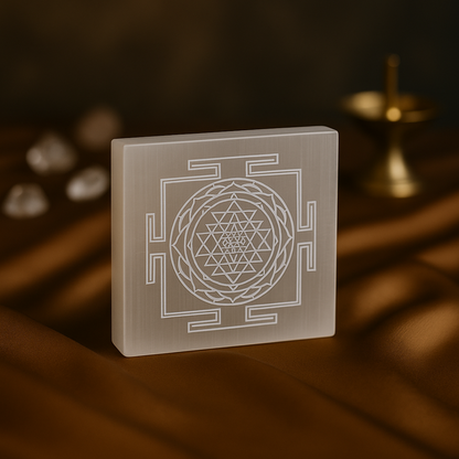Sri Yantra Engraved Natural Selenite Plate | Round & Square | Premium Grade | For Crystal Cleansing, Meditation & Pooja