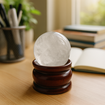 Clear Quartz (Sphatik) Crystal Ball with Premium Wooden Stand | Premium Grade | For Clarity, Meditation & Vastu