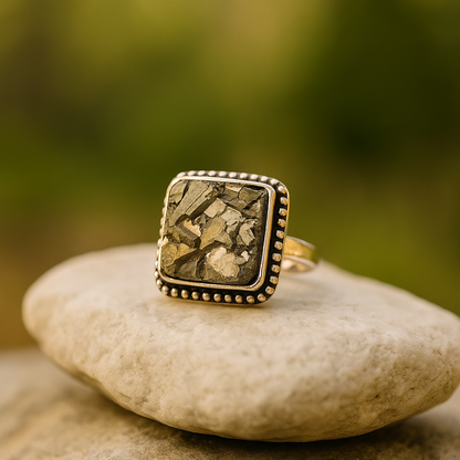 Natural Pyrite Ring (Rough) | Adjustable Free Size | Unisex | Oval, Round, Square, Rectangle