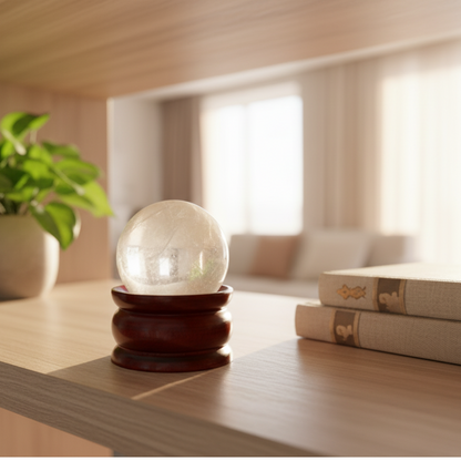 Clear Quartz (Sphatik) Crystal Ball with Premium Wooden Stand | Premium Grade | For Clarity, Meditation & Vastu
