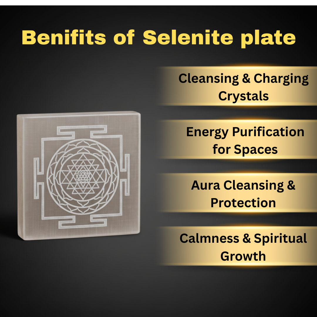 Sri Yantra Engraved Natural Selenite Plate | Round & Square | Premium Grade | For Crystal Cleansing, Meditation & Pooja