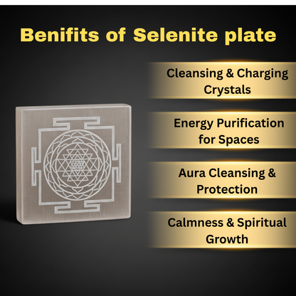 Sri Yantra Engraved Natural Selenite Plate | Round & Square | Premium Grade | For Crystal Cleansing, Meditation & Pooja