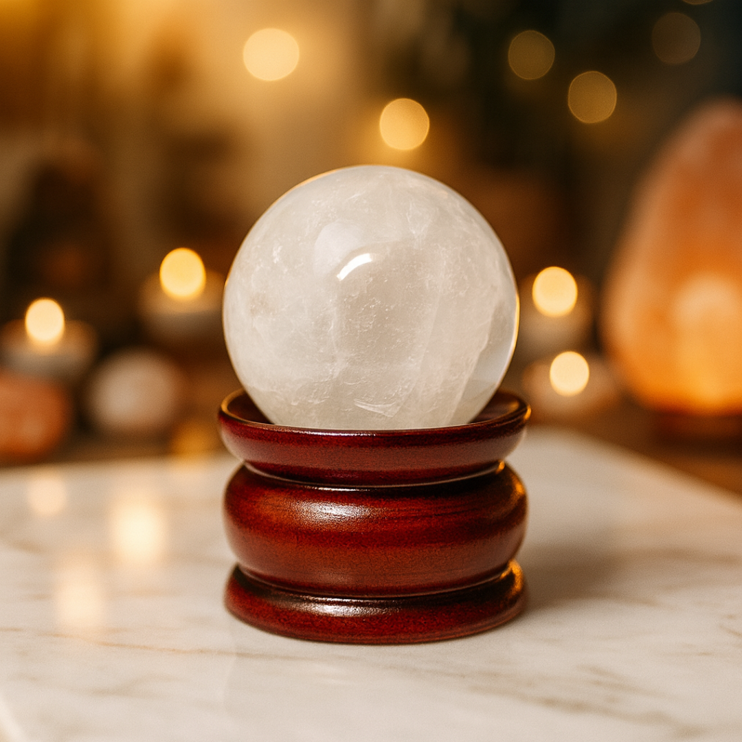 Clear Quartz (Sphatik) Crystal Ball with Premium Wooden Stand | Premium Grade | For Clarity, Meditation & Vastu