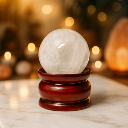 Clear Quartz (Sphatik) Crystal Ball with Premium Wooden Stand | Premium Grade | For Clarity, Meditation & Vastu