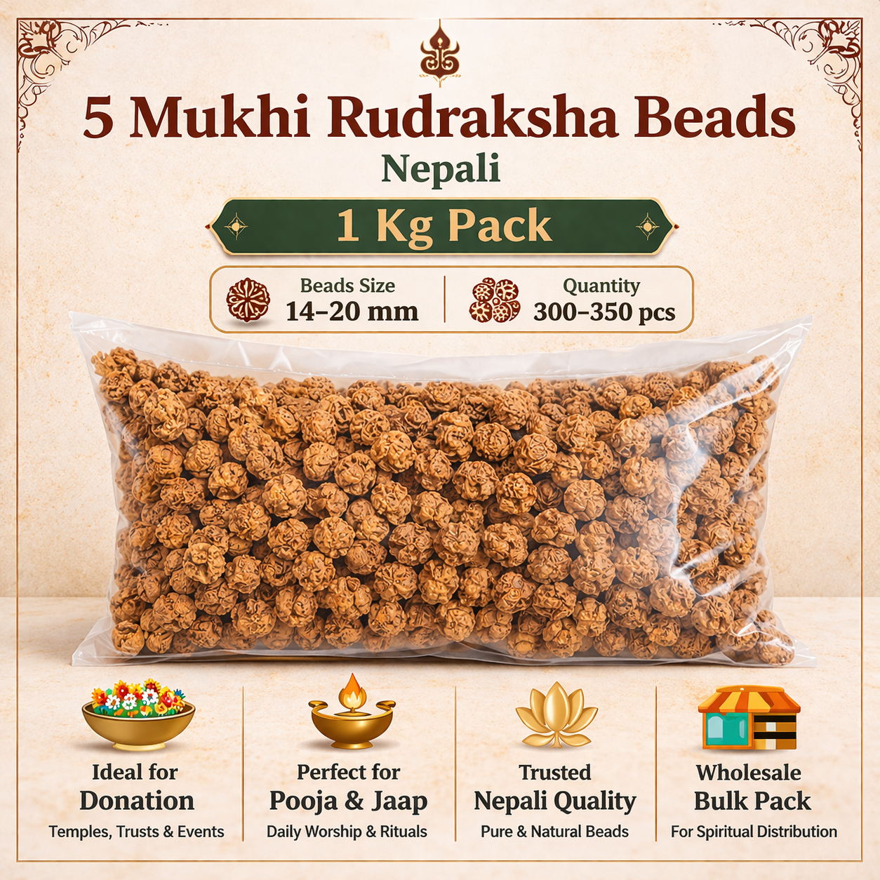 5 Mukhi Nepali Rudraksha beads 1 Kg bulk pack 14 to 20 mm size approx 300 to 350 beads ideal for donation pooja jaap and temple use