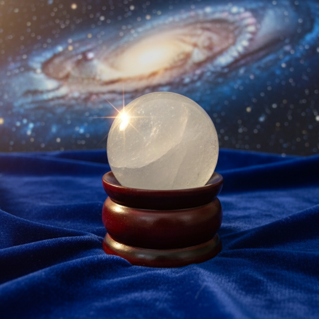 Clear Quartz (Sphatik) Crystal Ball with Premium Wooden Stand | Premium Grade | For Clarity, Meditation & Vastu