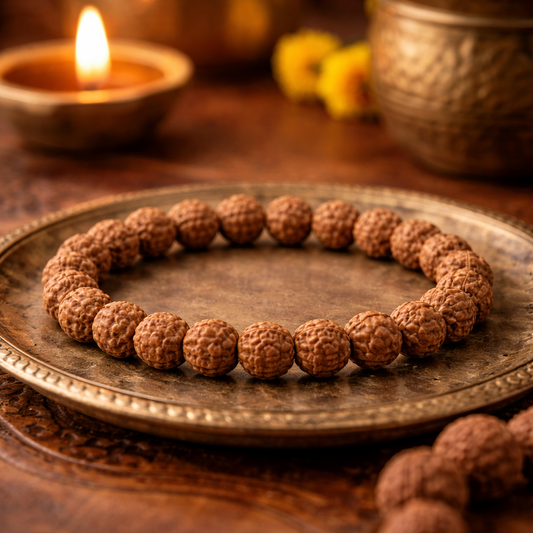 7 Mukhi Rudraksha Bracelet on a metallic plate with a warm background