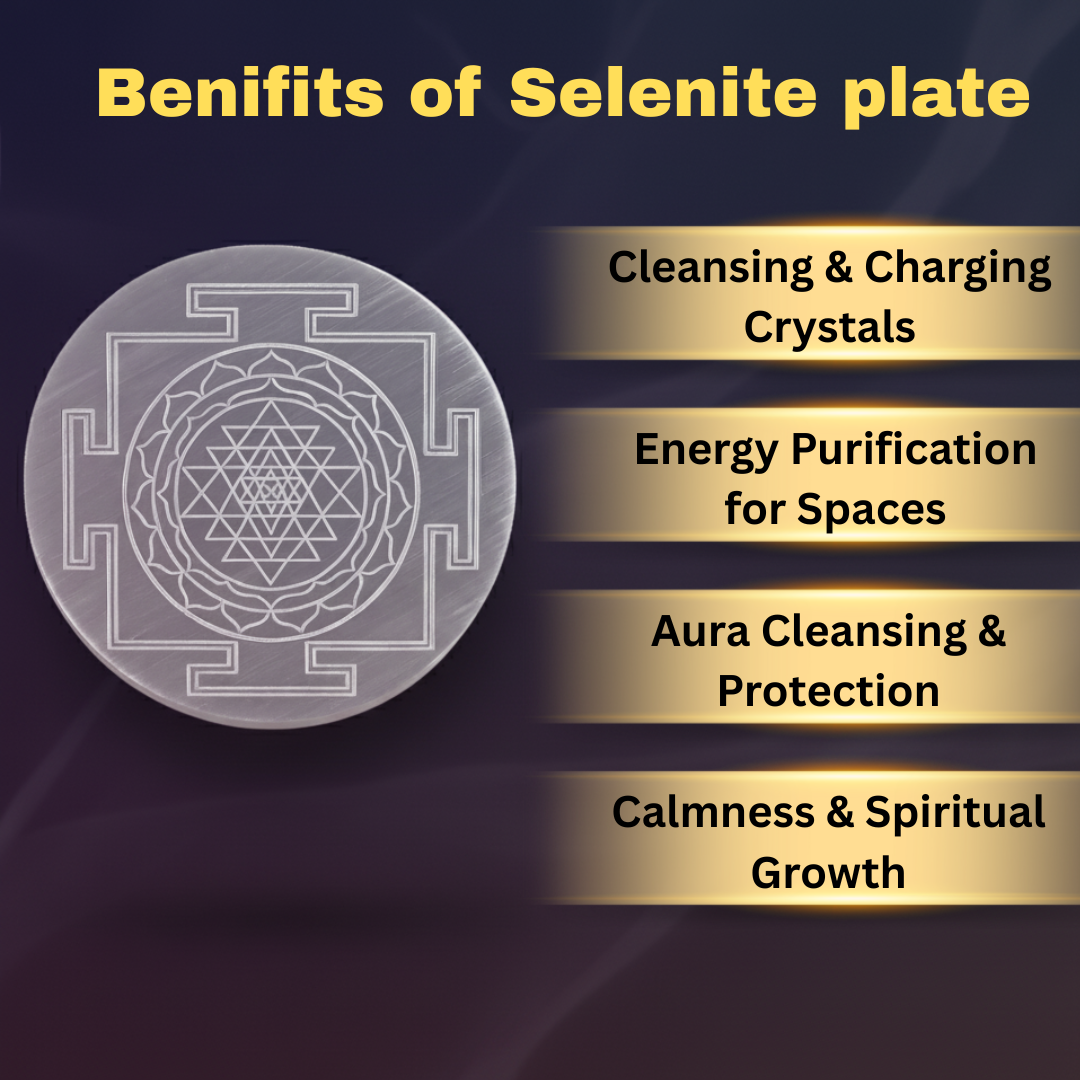 Sri Yantra Engraved Natural Selenite Plate | Round & Square | Premium Grade | For Crystal Cleansing, Meditation & Pooja