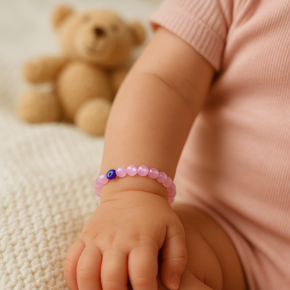Rose Quartz Children’s Nazar Suraksha | Evil Eye Protection Bracelet | 4 mm Beads | Lab Certified | AAA Grade