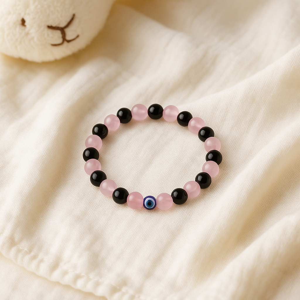Rose Quartz Obsidian mix Children’s Nazar Suraksha | Evil Eye Protection Bracelet | 4 mm Beads | Lab Certified | AAA Grade