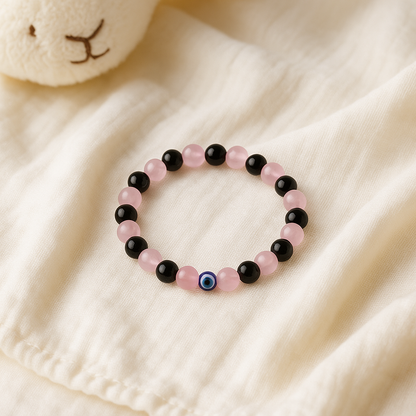 Rose Quartz Obsidian mix Children’s Nazar Suraksha | Evil Eye Protection Bracelet | 4 mm Beads | Lab Certified | AAA Grade