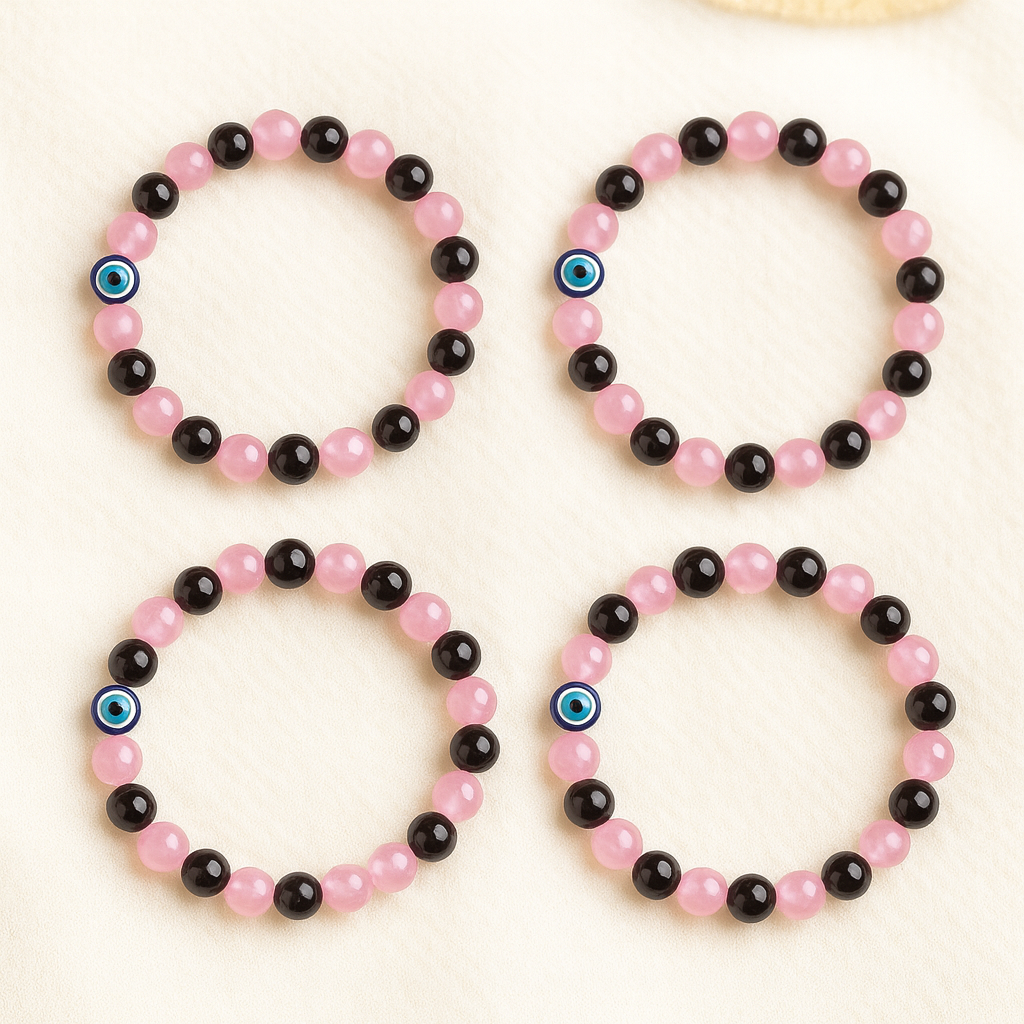 Rose Quartz Obsidian mix Children’s Nazar Suraksha | Evil Eye Protection Bracelet | 4 mm Beads | Lab Certified | AAA Grade