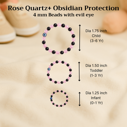 Rose Quartz Obsidian mix Children’s Nazar Suraksha | Evil Eye Protection Bracelet | 4 mm Beads | Lab Certified | AAA Grade