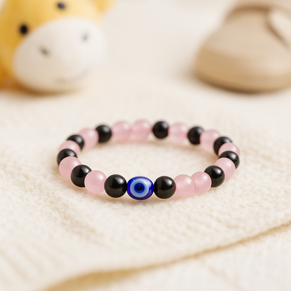 Rose Quartz Obsidian mix Children’s Nazar Suraksha | Evil Eye Protection Bracelet | 4 mm Beads | Lab Certified | AAA Grade