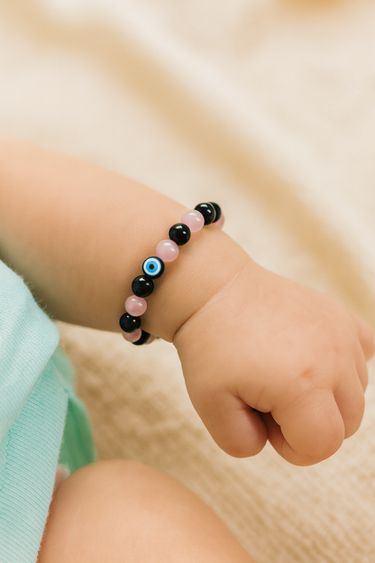 Rose Quartz Obsidian mix Children’s Nazar Suraksha | Evil Eye Protection Bracelet | 4 mm Beads | Lab Certified | AAA Grade