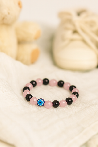 Rose Quartz Obsidian mix Children’s Nazar Suraksha | Evil Eye Protection Bracelet | 4 mm Beads | Lab Certified | AAA Grade